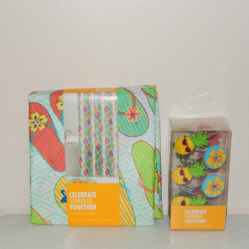 New Shower Curtain with Hooks Celebrate Summer Together Flip Flop Bright NWT
